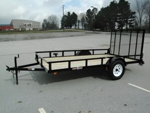 Currahee Landscape Trailer in a parking lot with the rear gate up.