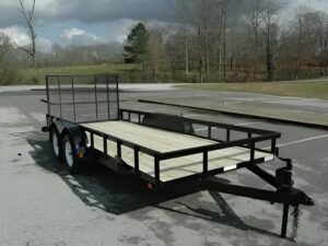 Currahee Landscape Trailer in a parking lot with the rear gate up.