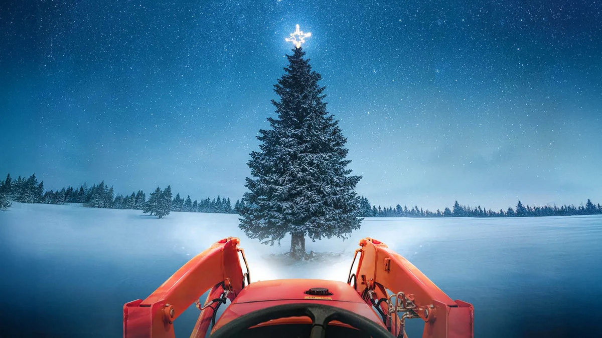 Tractor in a snowy field in front of a Christmas tree.