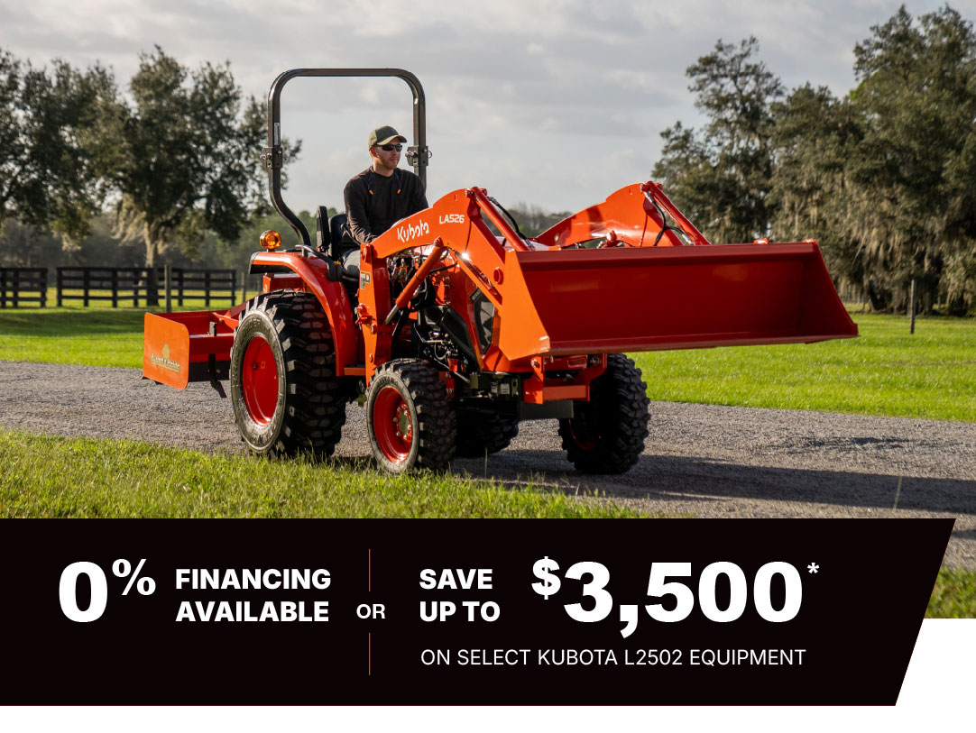 http://Man%20on%20a%20Kubota%20L2502%20tractor%20in%20a%20green%20field%20with%20a%20loader%20attachment.