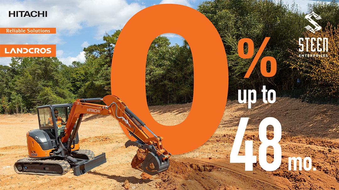 Graphic promoting 0% Up To 36 Months special offer with Hitachi construction equipment in the foreground.